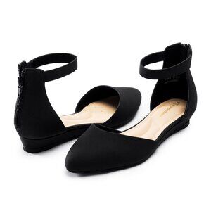 Pointed Toe Wedge Flats with Ankle Strap, Comfortable Work Wedding Shoes
